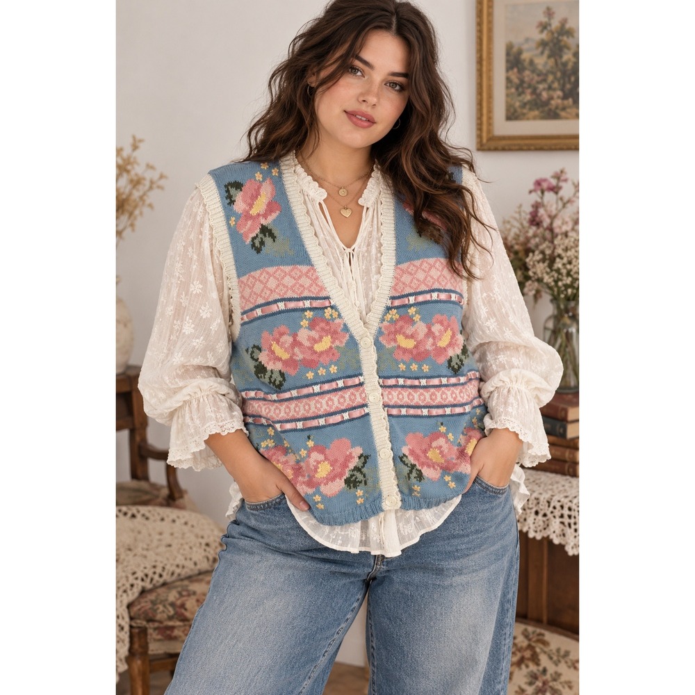 Cottagecore Grannycore Coquette Floral Embroidered Sweater Vest Jantzen XL
